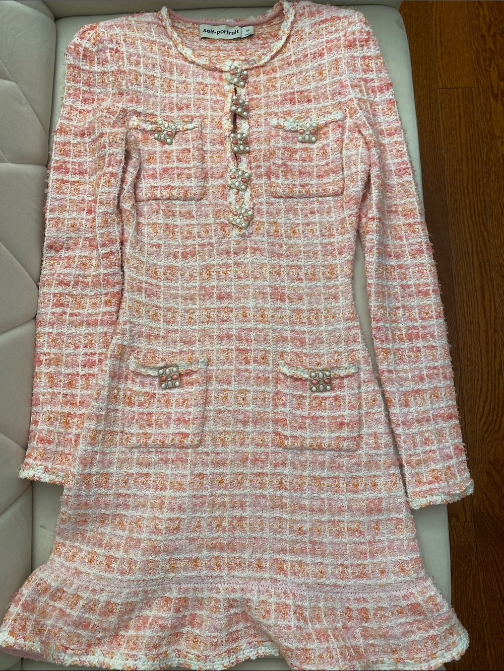 Self-Portrait Peach-Pink Tweed Pearl-Embellished Long Sleeve Dress